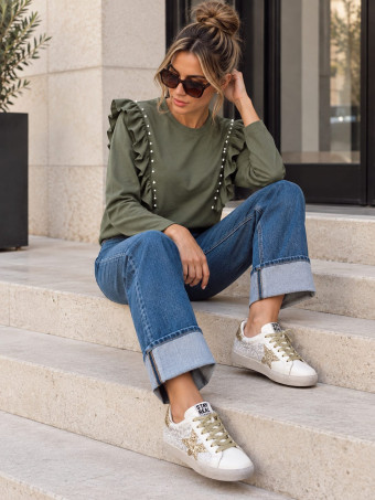 Camiseta Tachas con Volante BRIELA Verde Militar HEVE