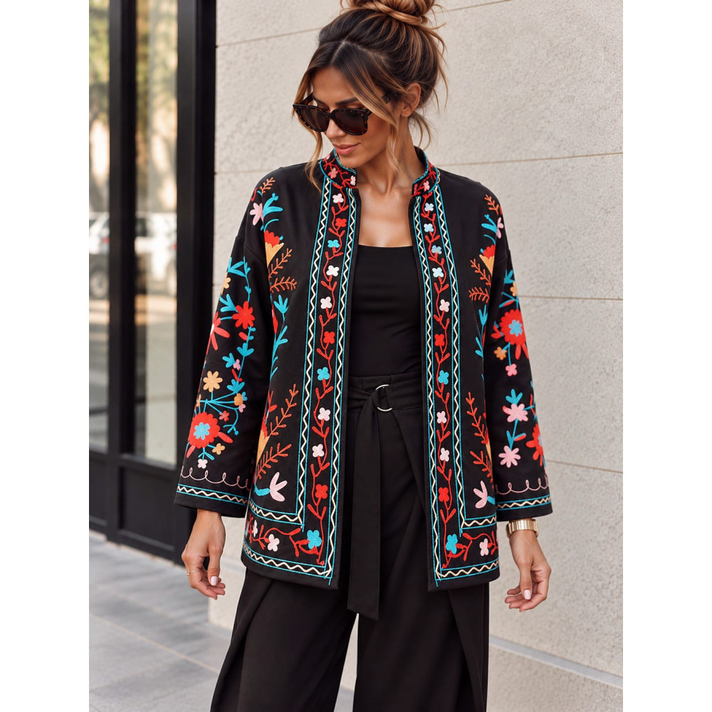 Chaqueta Estampada Cuello Mao KIMORA Negro HEVE