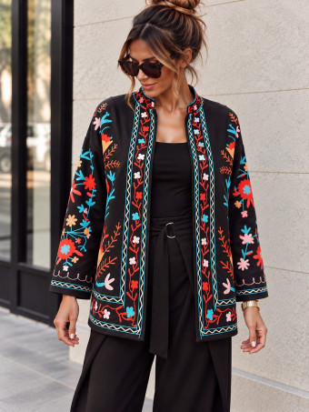 Chaqueta Estampada Cuello Mao KIMORA Negro HEVE