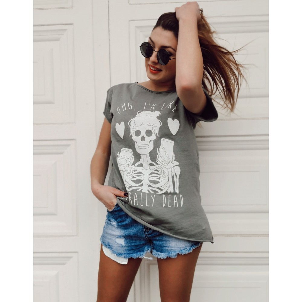 Camiseta Calavera OMG Gris Plomo Heve Camiseta Calavera OMG Gris Plomo Heve