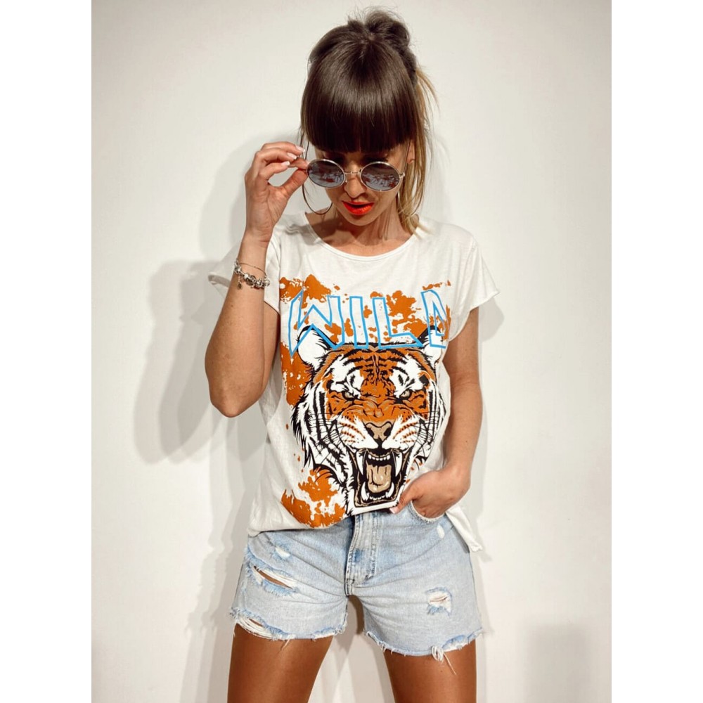 Camiseta Algodón WILD TIGER Blanco/Camel Heve Camiseta Algodón WILD TIGER Blanco/Camel Heve