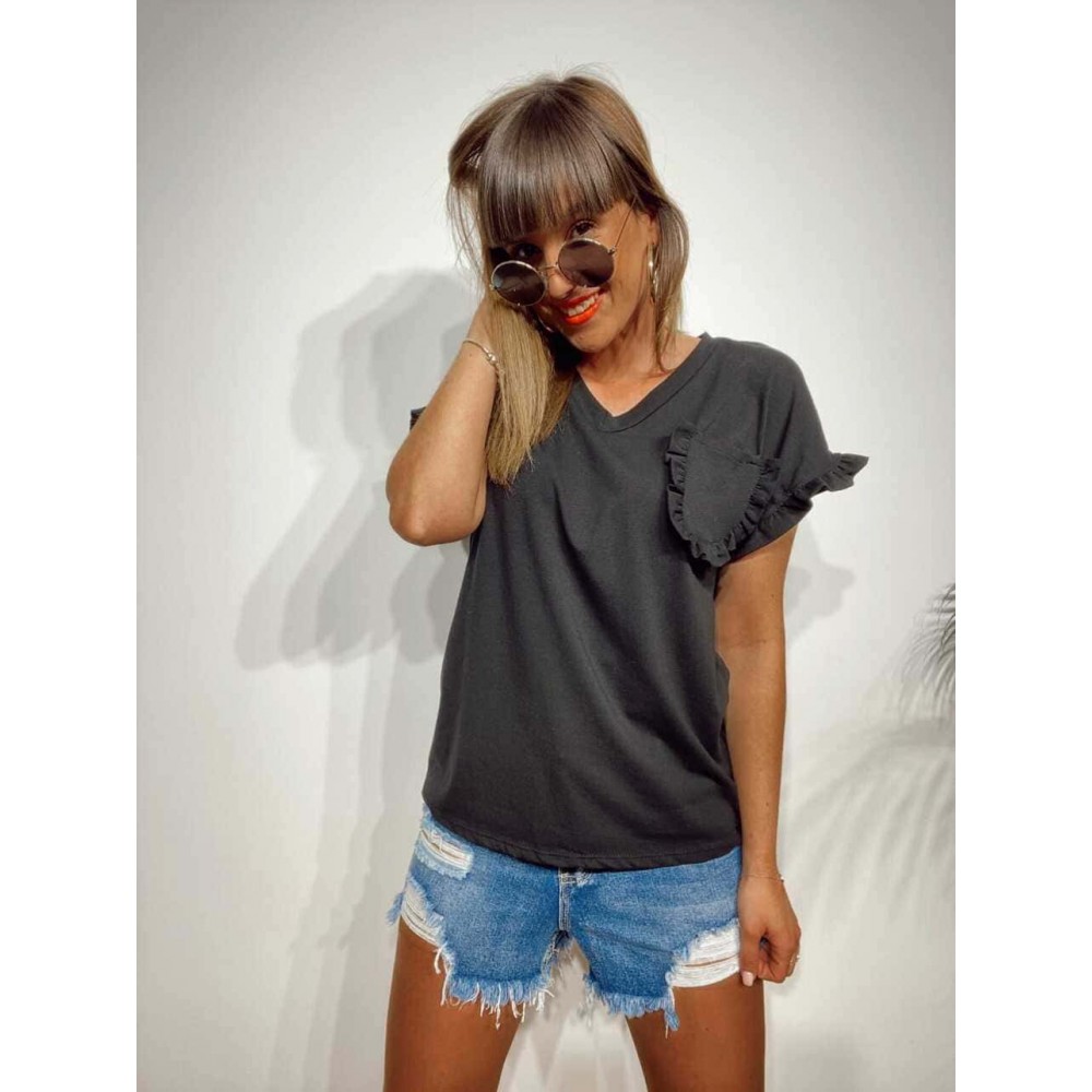 Camiseta Volante TOUJOURS Negro Heve Camiseta Volante TOUJOURS Negro Heve